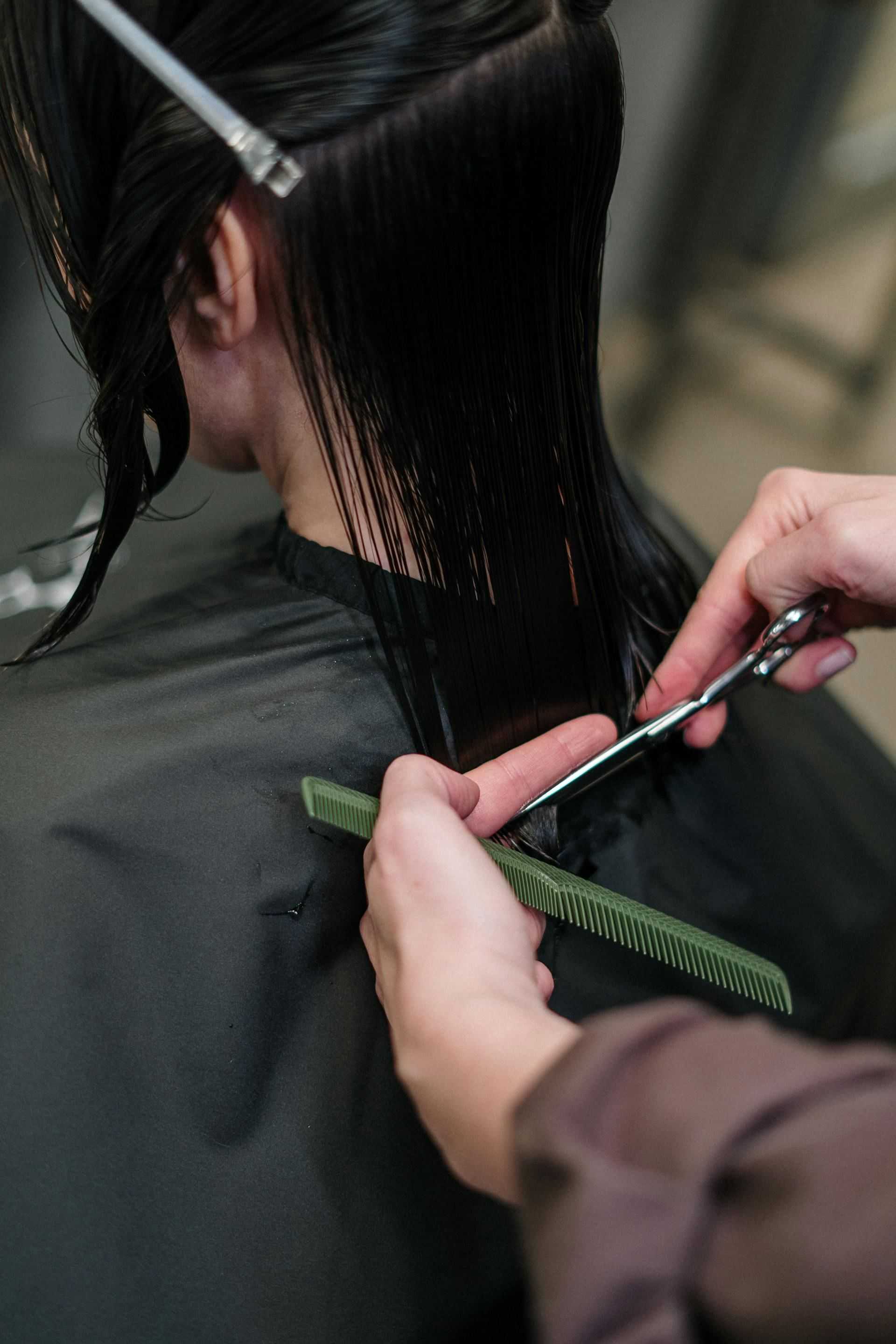 Hairdresser precisely cuts wet hair with scissors and comb.